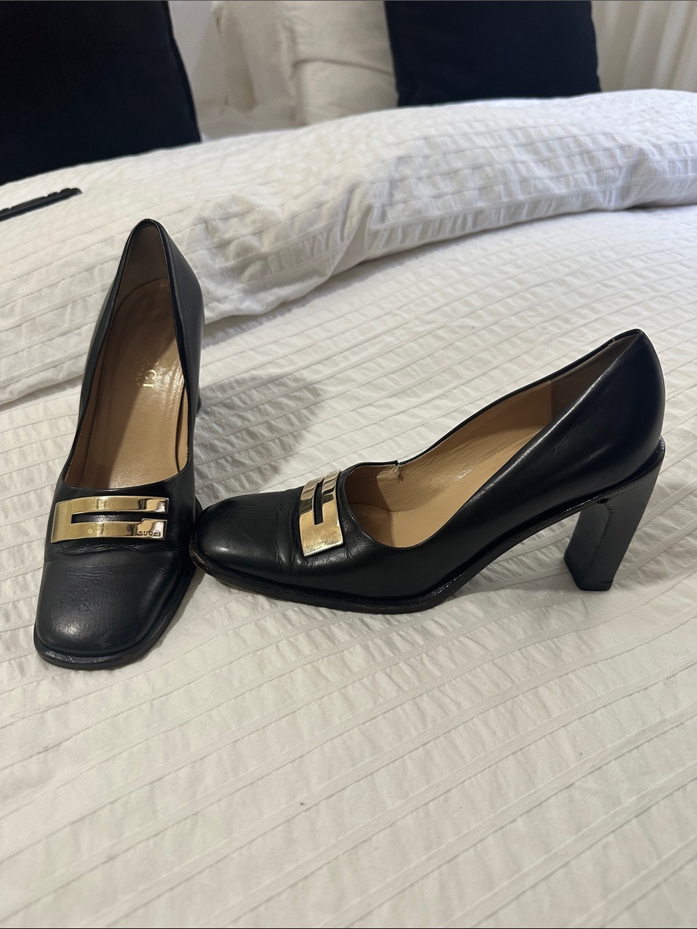 Gucci Black Leather Heels with Gold Accent